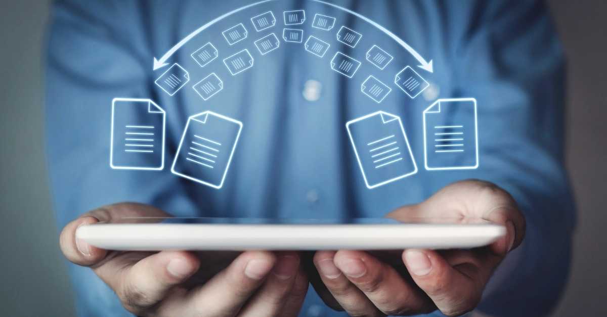 Holding tablet with data files flying